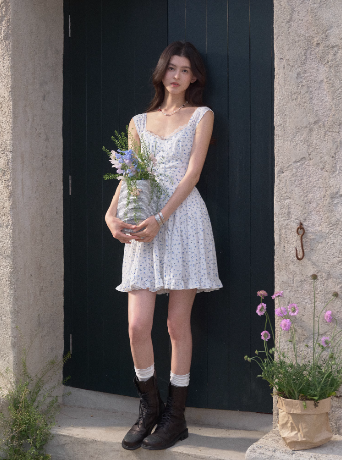 Tencel romantic slim floral dress women's summer French style sweet waist short skirt R3331