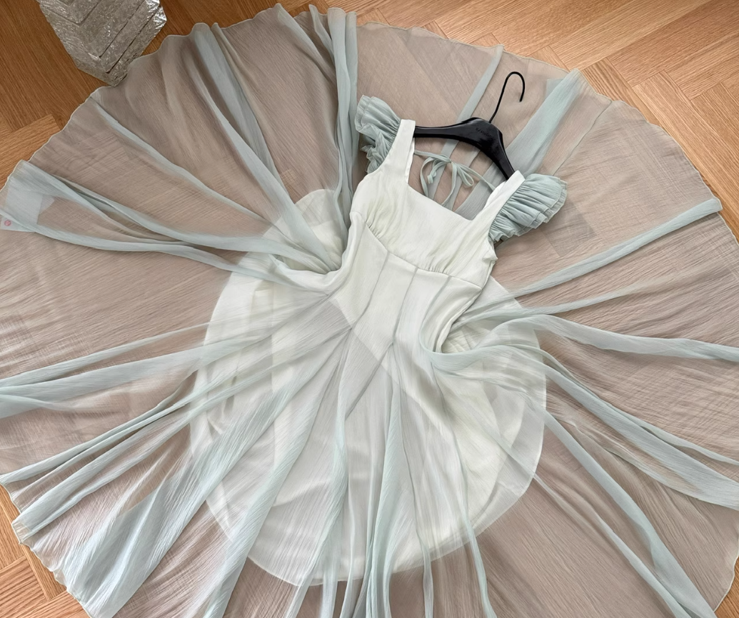 French holiday dress temperament waist big swing gradient mint green romantic dress R2110
