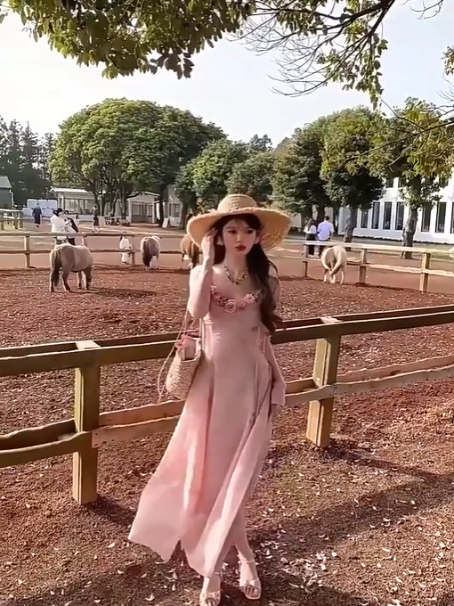 Tea break gentle style floral dress large size sweet holiday style pleated slim long skirt R1821