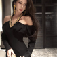 Hepburn style French dress high-end niche temperament sexy off-shoulder black dress R1781