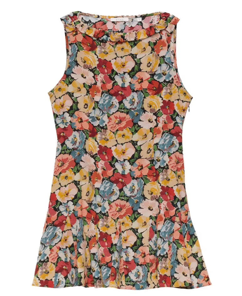 Dress new holiday French style niche printed flowers sleeveless round neck short skirt R2922