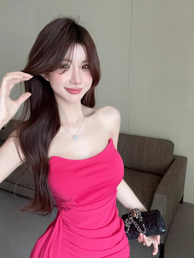 One-shoulder tube top dress niche design ribbon slim hip-hugging small gift skirt R0560