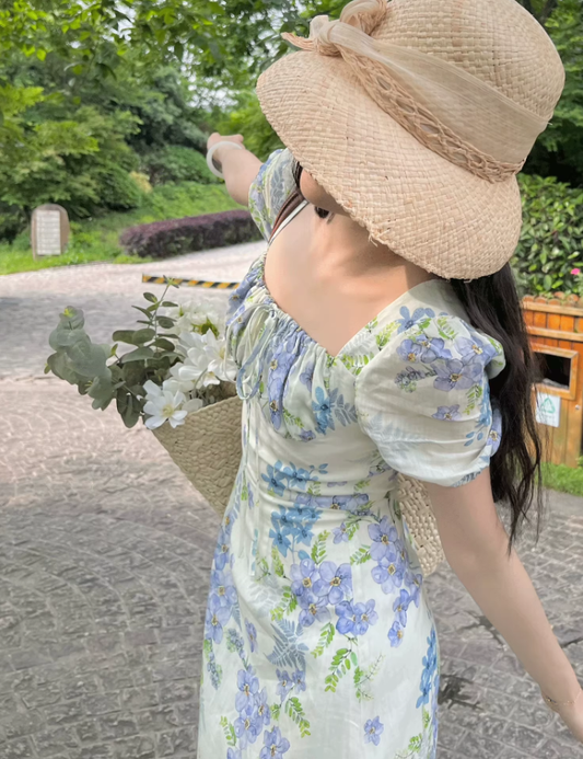 French fresh pastoral style temperament slim print fairy atmosphere floral ruffle dress R1430
