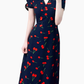 2025 Summer New Black V-neck Short Sleeve Cherry Print Wrap Long Dress R0920