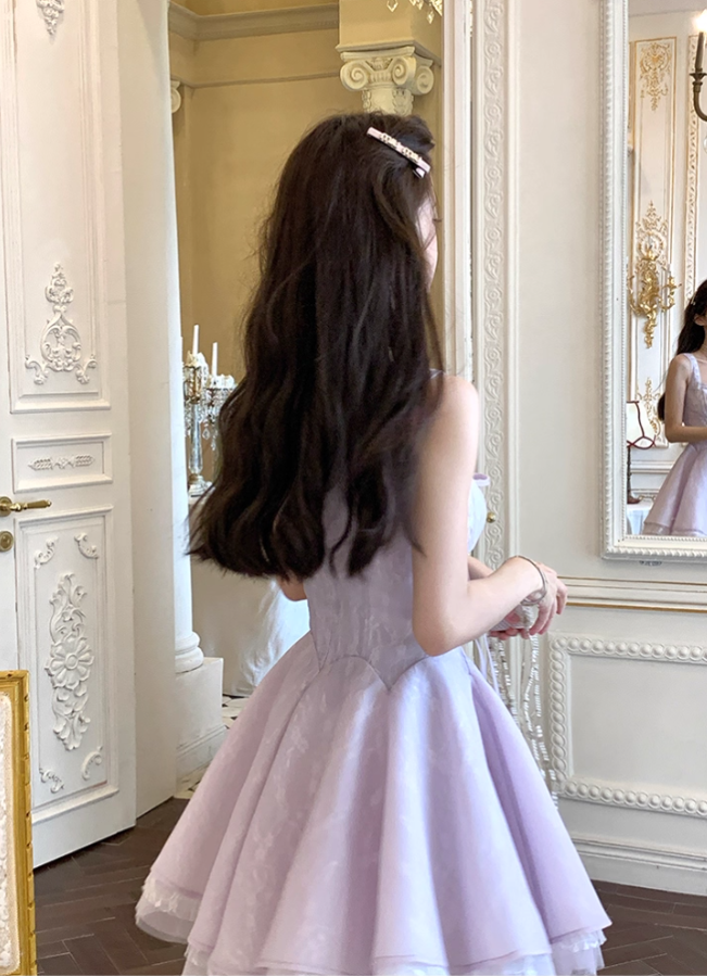 Purple square neck waist A-line suspender dress summer French retro temperament high-end skirt R4625