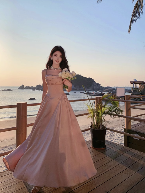 French style temperament waist suspender dress 2025 a word big swing skirt high-end dress R1546