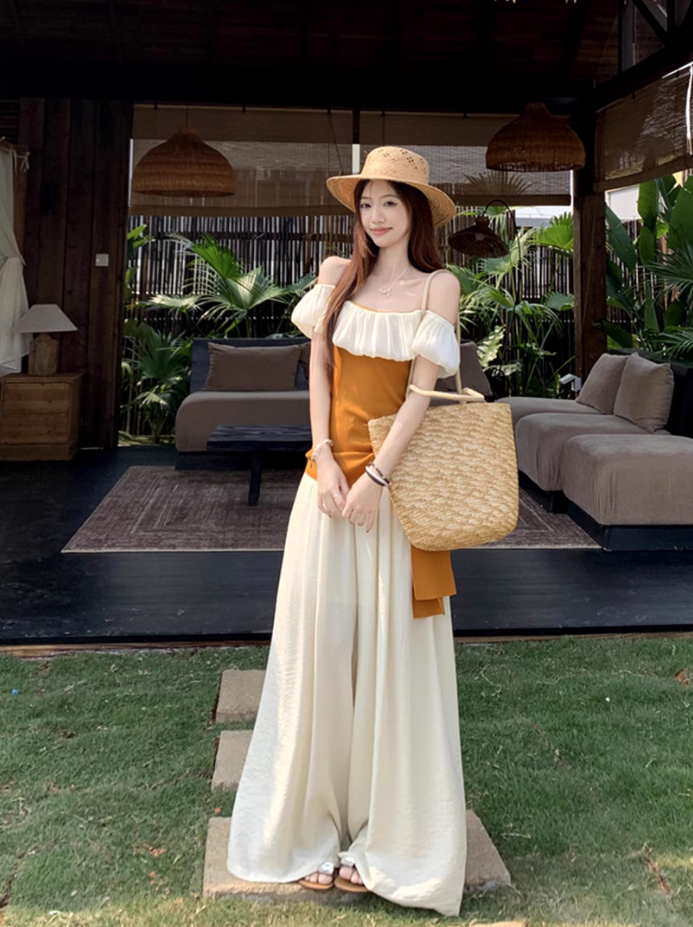 Beautiful summer suit, one-shoulder ruffled ice silk knitted top, wide-leg pants, two-piece suit R1739