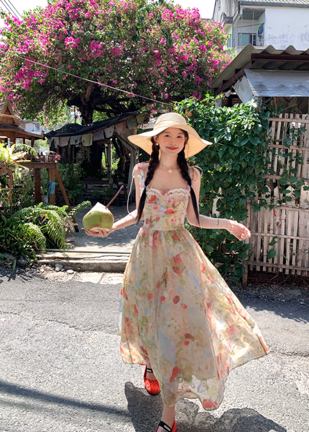 Long Printed Romantic Rose Garden Butterfly Dress Summer French Style Dress R4907