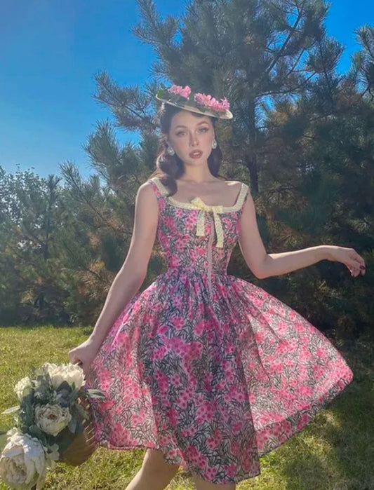 Pink floral suspenders slim waist A-line skirt homecoming dress R2895