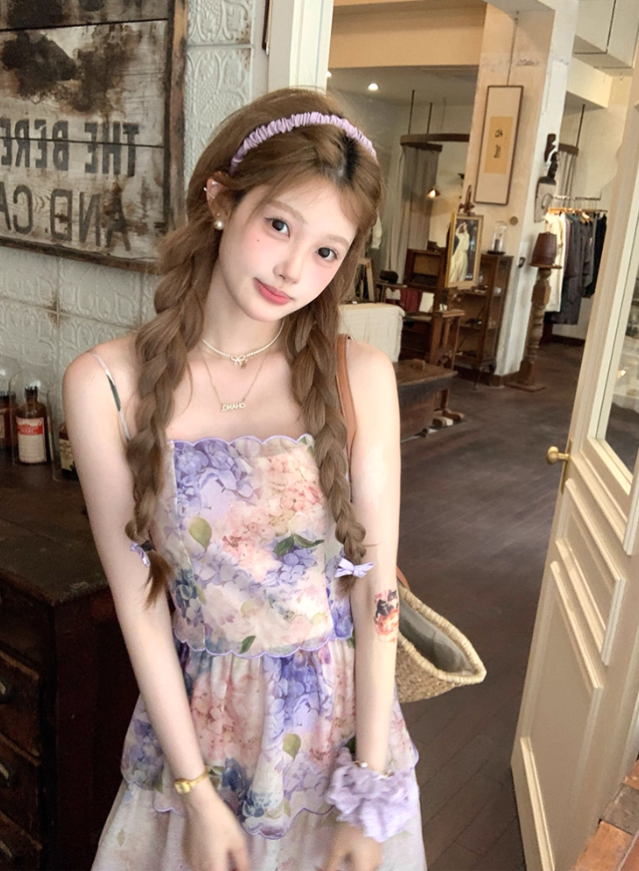 Long purple waist-length neckline suspender dress summer French retro temperament slim skirt R4780