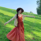 Beach holiday dress travel wear chiffon retro red dress floral loose suspender beach dress R1599