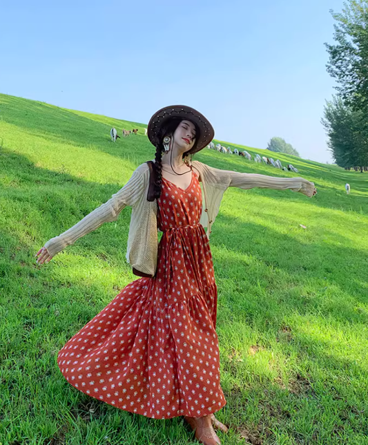 Beach holiday dress travel wear chiffon retro red dress floral loose suspender beach dress R1599