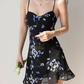 Retro black bottom floral suspender dress slim fit ruffled holiday dress R2805