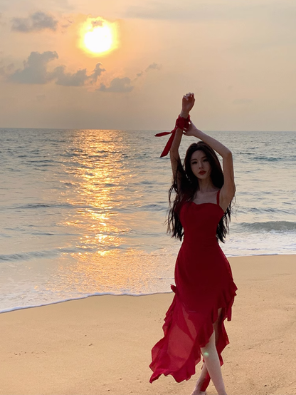 Red suspender dress high-grade irregular chiffon red rose ruffle seaside holiday dress R1470