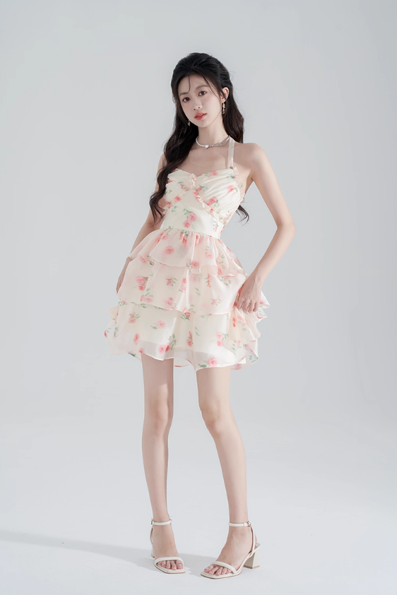 Super fairy new halter neck printed chiffon dress pure summer girl cake skirt fairy skirt female R4112