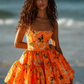 Retro Yellow Floral Tube Top Waist Puffy Skirt Homecoming Dress R3178