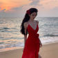 Beach photo shoot red sexy ruffled high slit halter back dress R1583