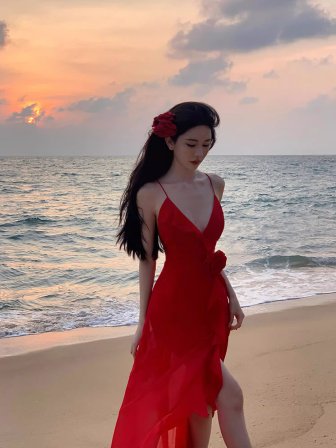Beach photo shoot red sexy ruffled high slit halter back dress R1583