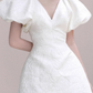 French retro white jacquard puff sleeves V-neck slim banquet party evening dress skirt homecoming dress R2976