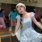 Light blue lace-trimmed neckline, slim-fitting A-line short skirt, homecoming dress R4039