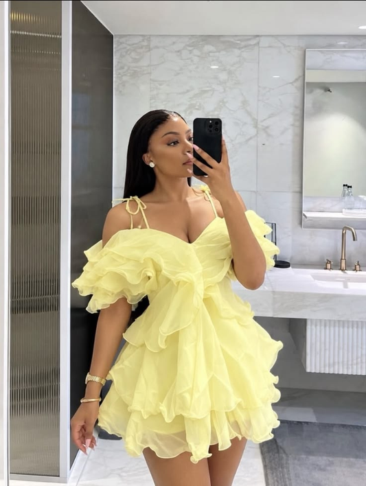 Puffy Layered Women's Corset Homecoming Dress Yellow Short Prom Gown Party Dress RS3217