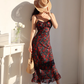 French sexy backless waist slim rose print retro suspender long dress holiday dress R2803