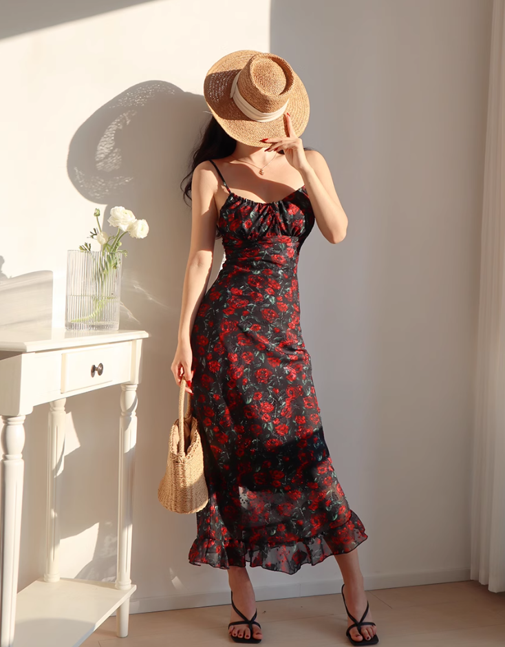 French sexy backless waist slim rose print retro suspender long dress holiday dress R2803