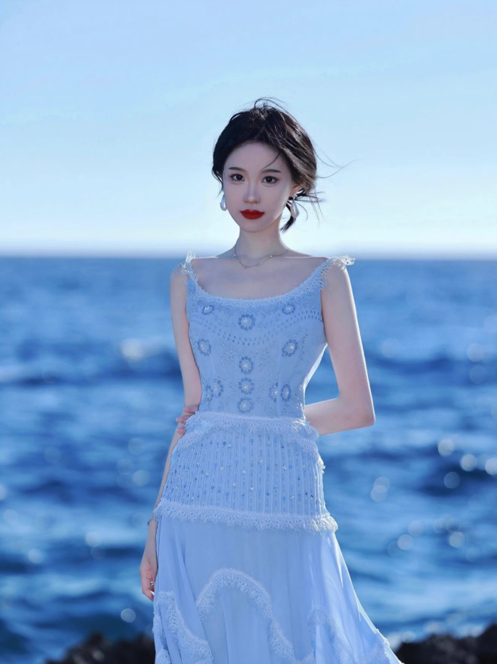 Tea break French temperament floral suspender dress high-end holiday style long dress R1636