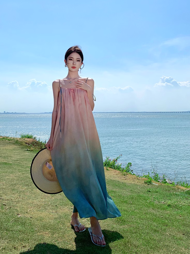 Beach holiday style gradient loose suspender beach dress atmosphere skirt R1580
