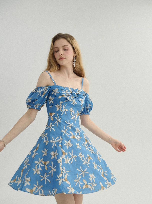 French floral skirt seaside holiday skirt fairy skirt blue short dress R2770