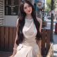 French style halter neck satin suit temperament two-piece suit waist high-end gentle long skirt R1503