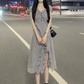 Silver Moonlight Long Ruffled Dress Square Neck Slimming Slit Long Dress Women R0077