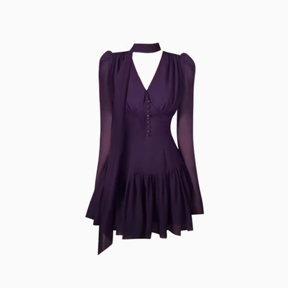 Royal sister style V-neck long-sleeved purple dress 2025 temperament waist short skirt R1332