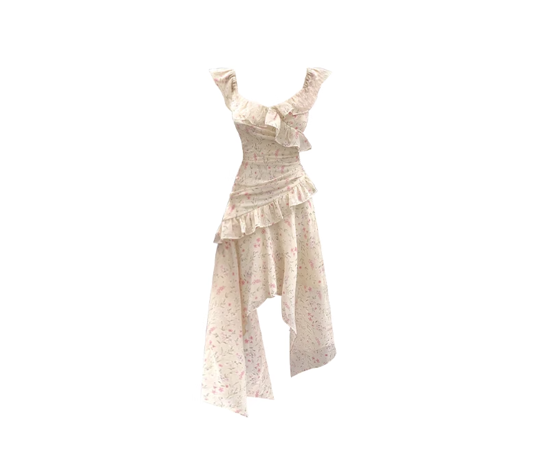 Tea break French floral dress seaside holiday style irregular fairy long dress R0035