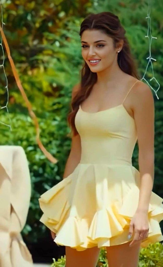 Yellow suspender slim sexy lace skirt fluffy skirt homecoming dress R2537