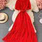 2025 Puff Sleeve Lapel Pleated Polka Dot Dress Waist Slimming Long Swing Dress Short Sleeve R0382