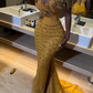 Gold Mermaid Off Shoulder Beaded Long Prom Dress Evening Formal Dress   S7090