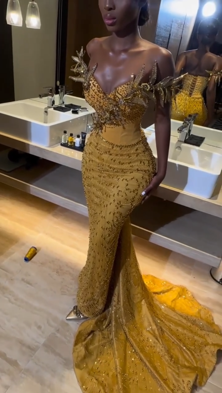 Gold Mermaid Off Shoulder Beaded Long Prom Dress Evening Formal Dress   S7090