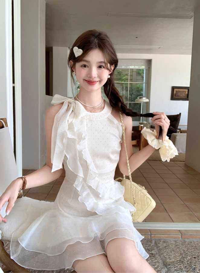 White waist bright silk chiffon halter neck suspender skirt women's summer French skirt R4619