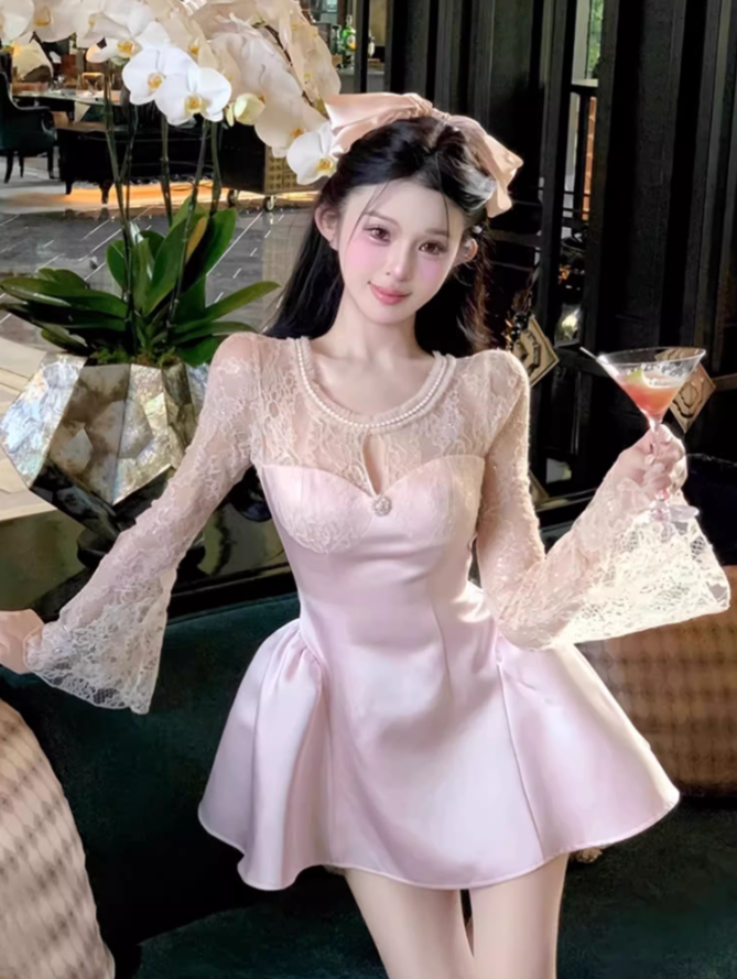 Thousands of gold lace long-sleeved dress 2025 sweet fluffy waist princess dress R1387