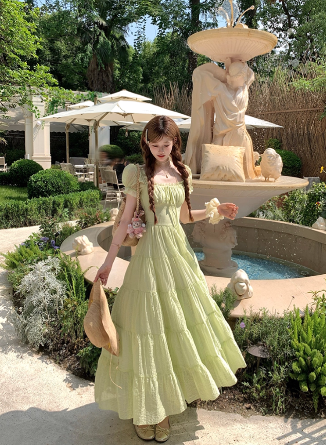 Green long waist square collar short sleeve dress summer French retro a-line high-end skirt R4704