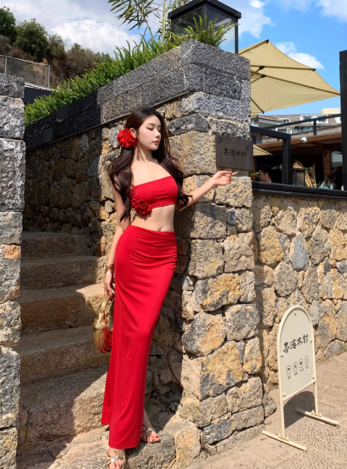 Beach Outfit Red Hip-hugging Skirt Two-piece Set Atmosphere Holiday Beach Skirt R1613