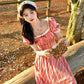 Pink plaid slim waist long skirt homecoming dress R3264