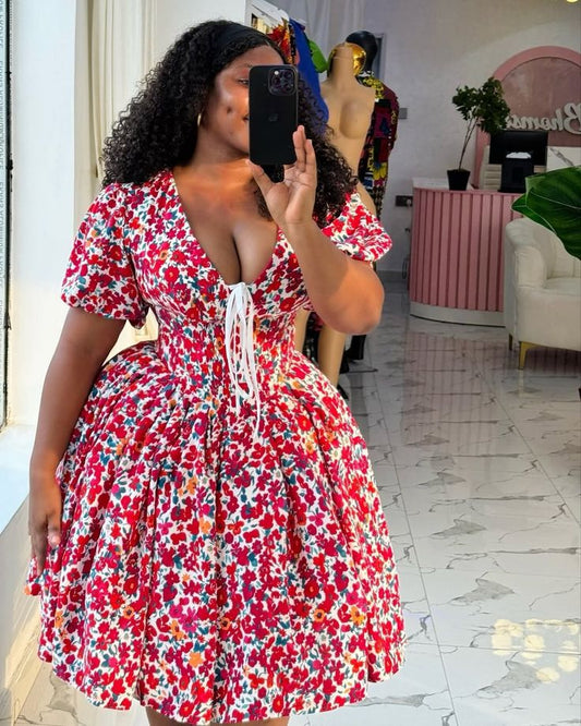 Red floral retro waist V-neck sexy short skirt homecoming dress R3107