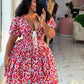 Red floral retro waist V-neck sexy short skirt homecoming dress R3107