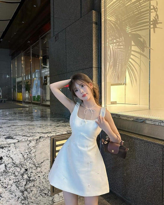 White vest suspenders waist slim A-line cute short skirt homecoming dress R4121