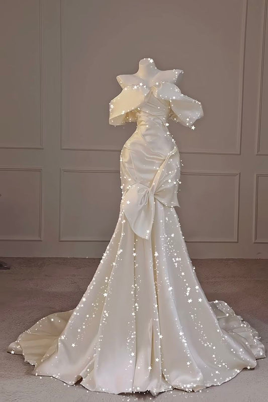 White one-shoulder slim waist hip long evening dress R5287