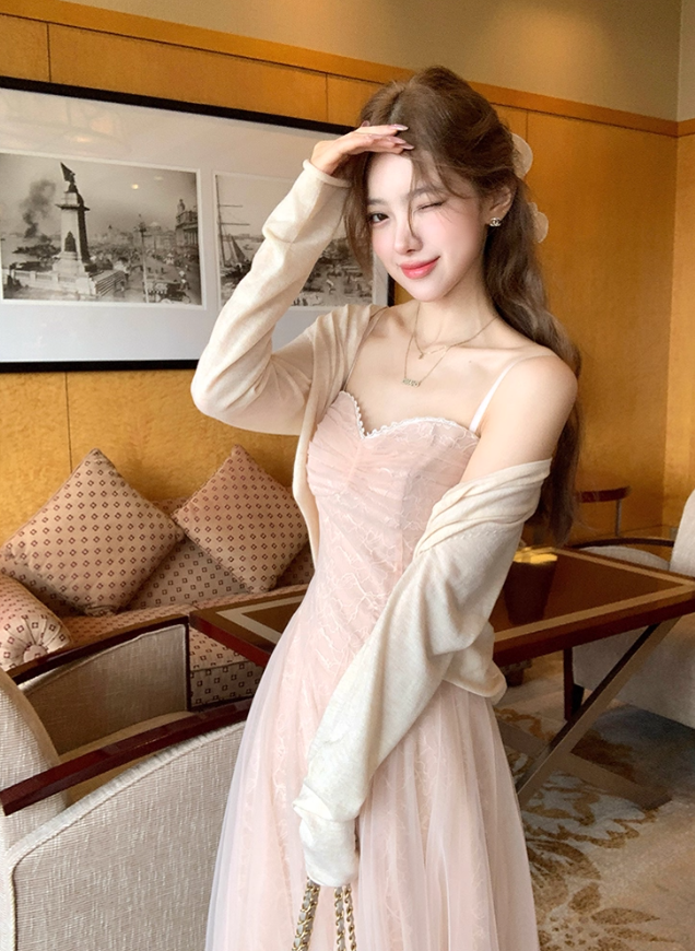 Pink waist temperament mesh embroidery suspender dress women's summer French skirt R4748