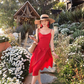 Red mid-length waist suspender dress summer retro temperament high-end skirt R4861