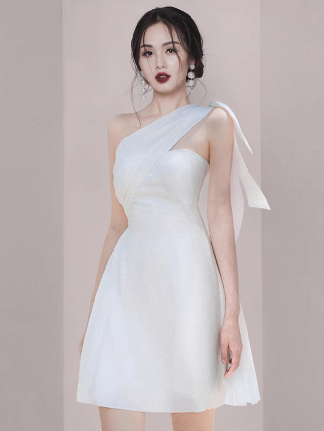 French style white one-shoulder short evening dress banquet slim dress dress homecoming dress R2979